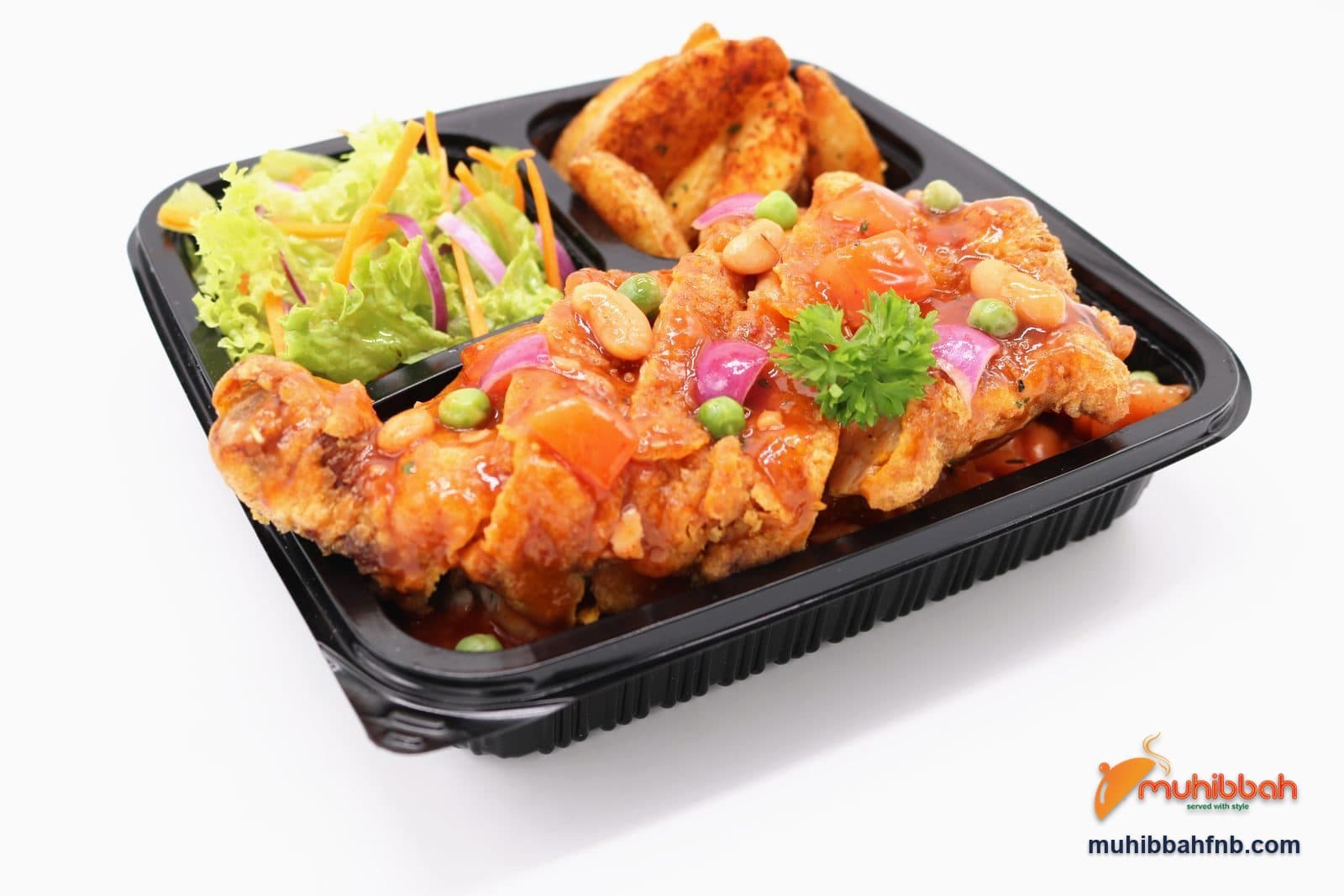 Chicken chop bento with potato wedges and salad