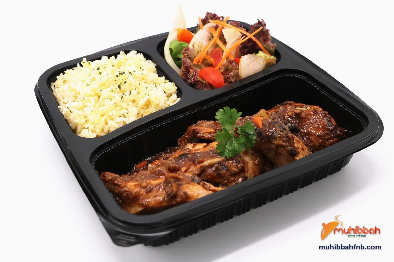 Roast chicken bento with butter rice and garden salad