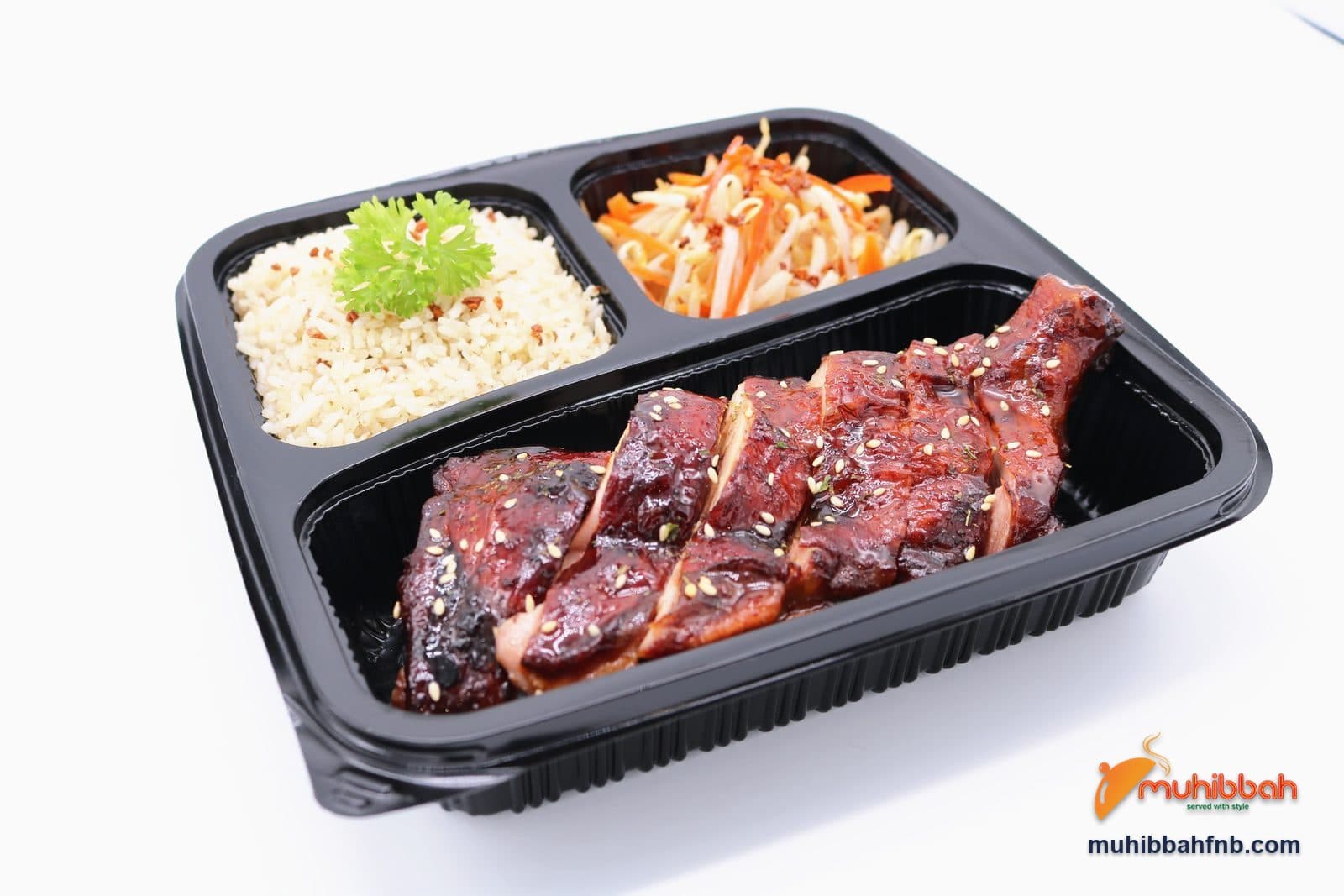 Teriyaki chicken bento with garlic rice and beansprout salad in a compartment tray