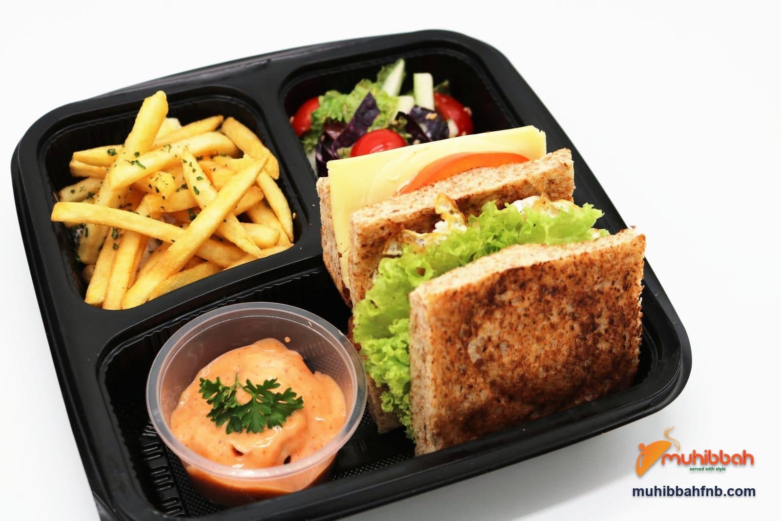Wholemeal club sandwich bento with fries, salad and dipping sauce