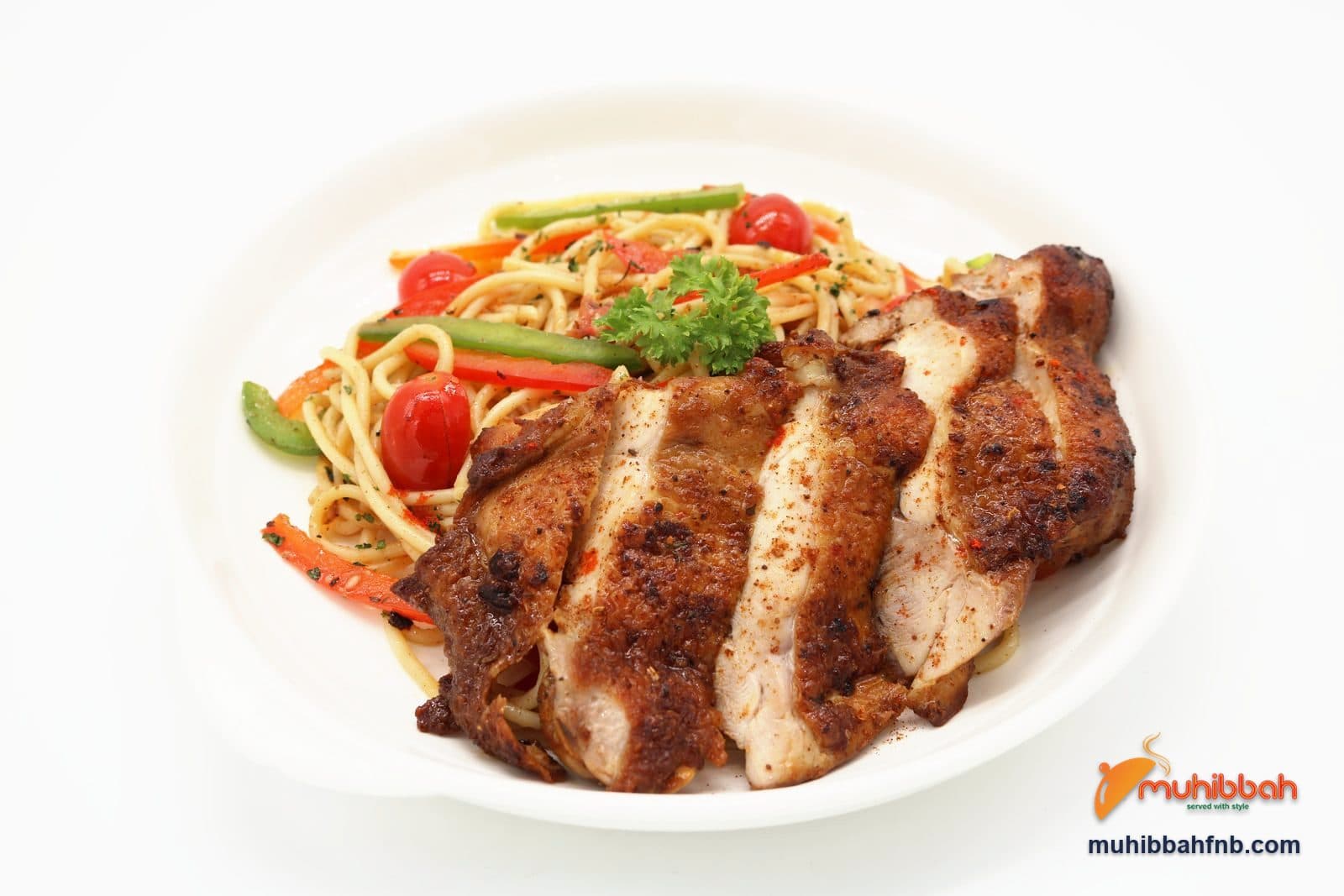 Grilled chicken with aglio olio pasta and cherry tomatoes