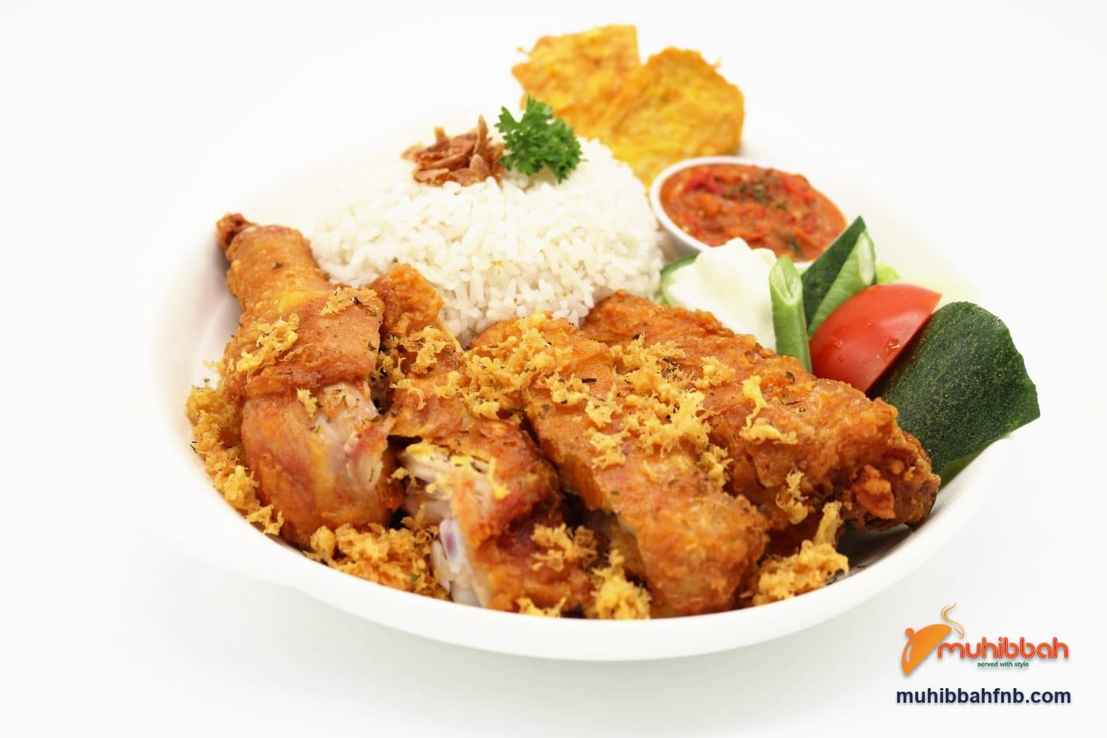 Ayam penyet with sambal, tempeh and steamed rice