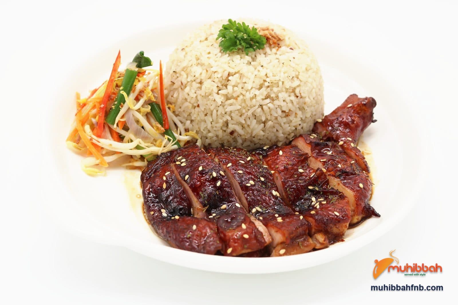 Grilled teriyaki chicken with garlic rice and beansprout salad